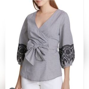 Calvin Klein Black and White Striped Wrap Blouse